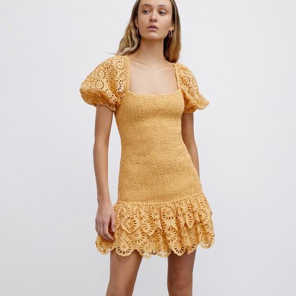 Significant Other Dresses & Skirts - NWT Significant Other Elsa Dress Womens 2 Orange Eyelet Puff Sleeve Smocked Boho